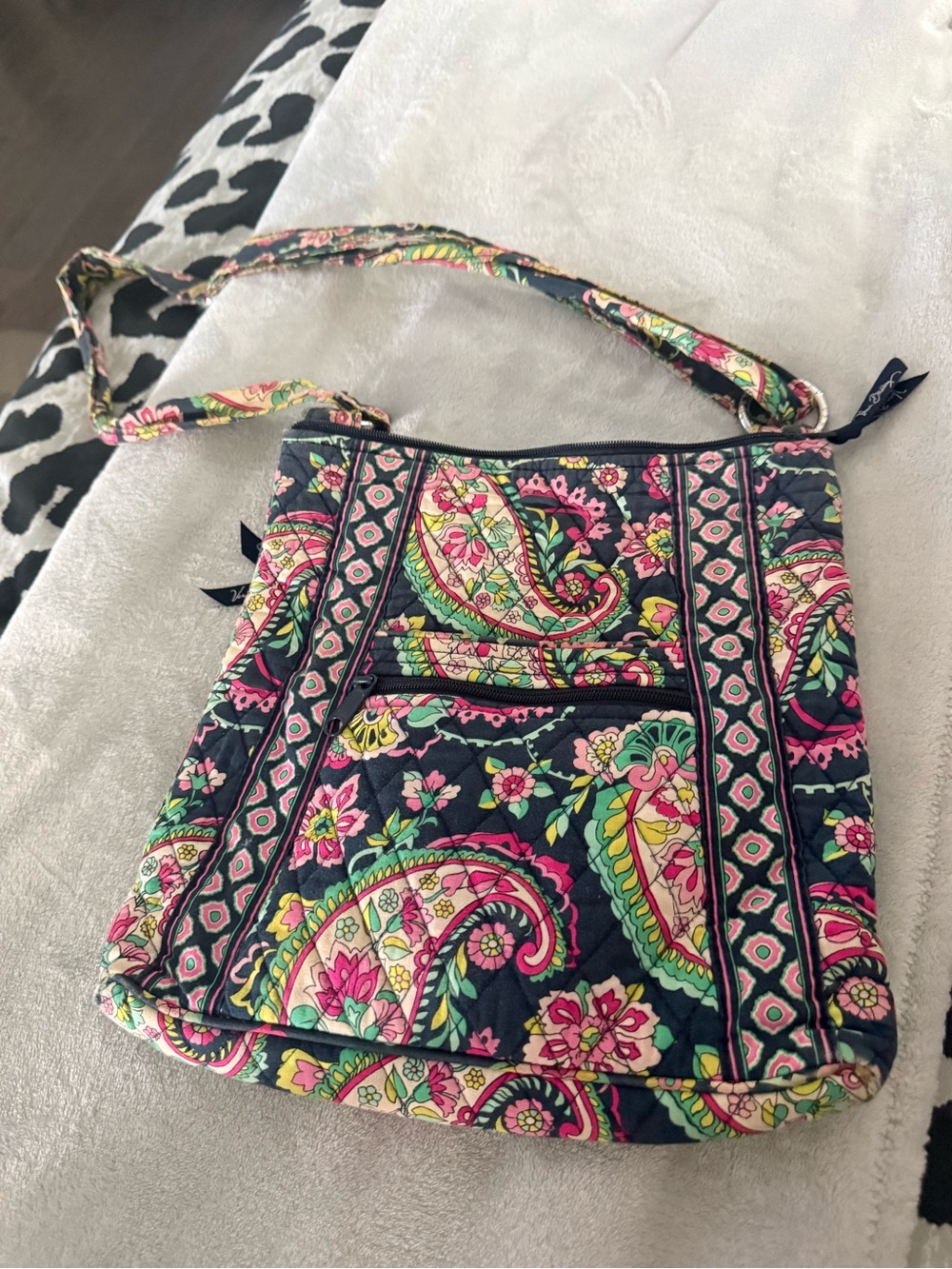 Vera Bradley Navy Quilted Paisley Crossbody with Pink & Green Accents